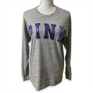 Victoria's Secret PINK Long Sleeve Top Heathered Gray Purple Sequin Logo Size XS